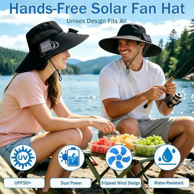 Alt view image 4 of 7 - Solar Fan Hat, Outdoor Wide Brim Sun Hat with 2 Solar Fan for Men Women, Waterproof UPF 50+ Bucket Fishing Beach Cooling Hat for Hiking Camping Black