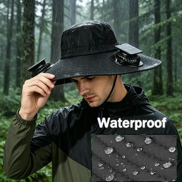 Alt view image 7 of 7 - Solar Fan Hat, Outdoor Wide Brim Sun Hat with 2 Solar Fan for Men Women, Waterproof UPF 50+ Bucket Fishing Beach Cooling Hat for Hiking Camping Black