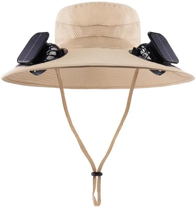 Main image of Sun Hat with Dual Fans, Wide Brim Solar Fan Hat for Men Women, Outdoor Fan Fishing Bucket Hat for Beach, Hiking, Gardening, Beige