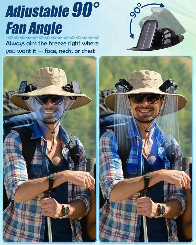 Alt view image 4 of 7 - Sun Hat with Dual Fans, Wide Brim Solar Fan Hat for Men Women, Outdoor Fan Fishing Bucket Hat for Beach, Hiking, Gardening, Beige