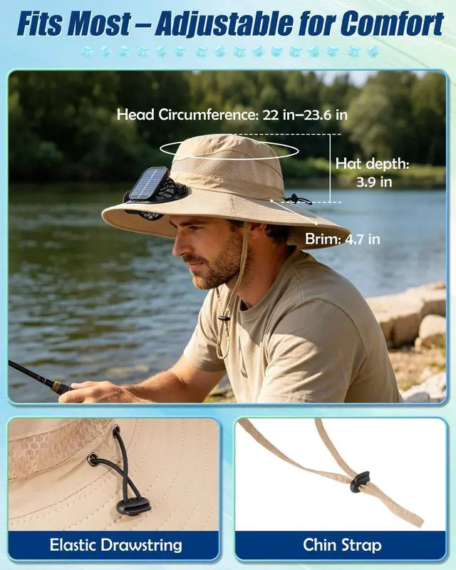 Alt view image 7 of 7 - Sun Hat with Dual Fans, Wide Brim Solar Fan Hat for Men Women, Outdoor Fan Fishing Bucket Hat for Beach, Hiking, Gardening, Beige