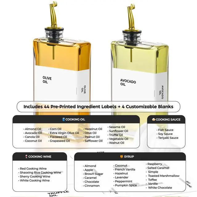 Alt view image 2 of 7 - Olive Oil Dispenser Bottle - Includes 44 Kitchen Essential Labels - Cooking Oil Bottles for Kitchen, Coffee Syrup Dispenser - Pourer Spout with 11.8 fl oz Glass Container Cruet - 2pcs, Gold