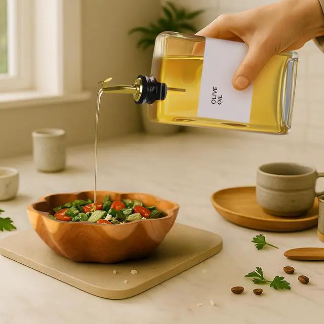 Alt view image 3 of 7 - Olive Oil Dispenser Bottle - Includes 44 Kitchen Essential Labels - Cooking Oil Bottles for Kitchen, Coffee Syrup Dispenser - Pourer Spout with 11.8 fl oz Glass Container Cruet - 2pcs, Gold