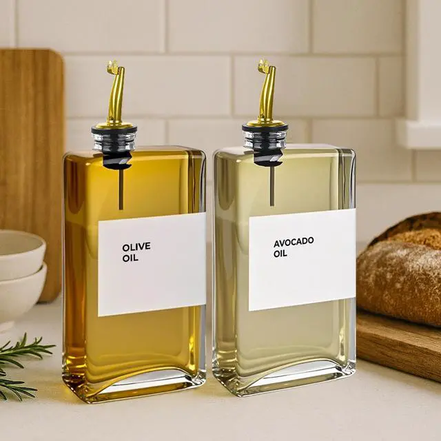 Alt view image 4 of 7 - Olive Oil Dispenser Bottle - Includes 44 Kitchen Essential Labels - Cooking Oil Bottles for Kitchen, Coffee Syrup Dispenser - Pourer Spout with 11.8 fl oz Glass Container Cruet - 2pcs, Gold