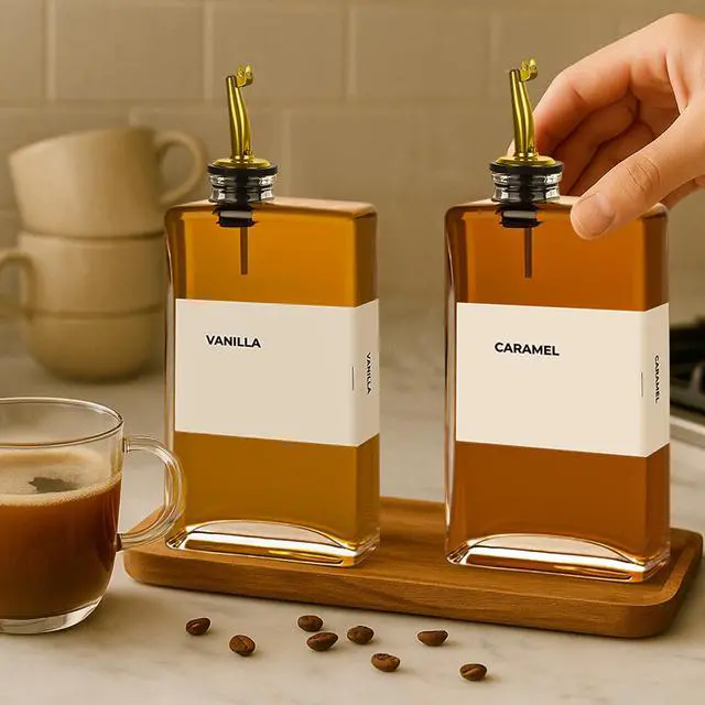 Alt view image 6 of 7 - Olive Oil Dispenser Bottle - Includes 44 Kitchen Essential Labels - Cooking Oil Bottles for Kitchen, Coffee Syrup Dispenser - Pourer Spout with 11.8 fl oz Glass Container Cruet - 2pcs, Gold