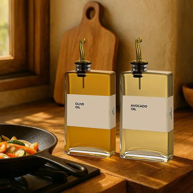Alt view image 7 of 7 - Olive Oil Dispenser Bottle - Includes 44 Kitchen Essential Labels - Cooking Oil Bottles for Kitchen, Coffee Syrup Dispenser - Pourer Spout with 11.8 fl oz Glass Container Cruet - 2pcs, Gold
