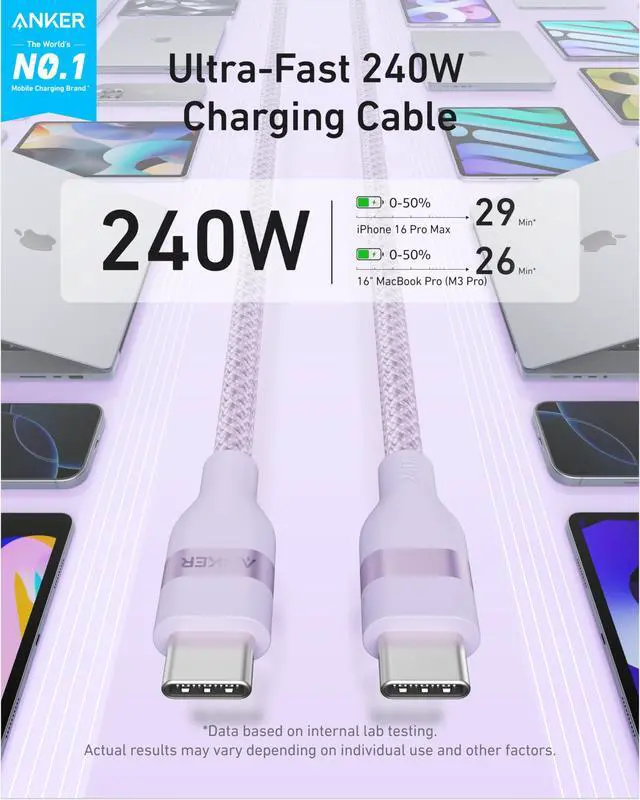 Alt view image 2 of 6 - Nano USB C Cable, 240W Flexible Multi-Color Braided Cord, Fast Charging Type C Charger for iPhone 17 Series, MacBook Pro and More (Purple, 6ft)