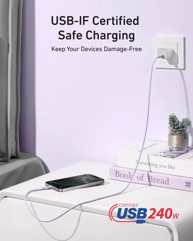 Alt view image 6 of 6 - Nano USB C Cable, 240W Flexible Multi-Color Braided Cord, Fast Charging Type C Charger for iPhone 17 Series, MacBook Pro and More (Purple, 6ft)