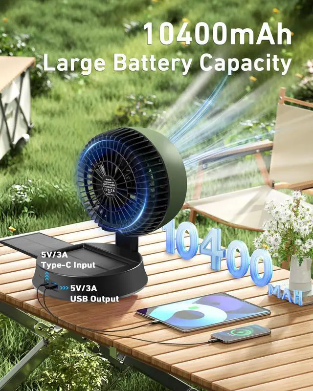 Alt view image 3 of 6 - 10400mAh Solar Camping Fan with LED Lantern, Rechargeable Portable Fan with 5W Solar Panel, Battery Operated Personal Fan for Outside Picnic, Fishing, Outdoor Tent Fan for Camping Essentials