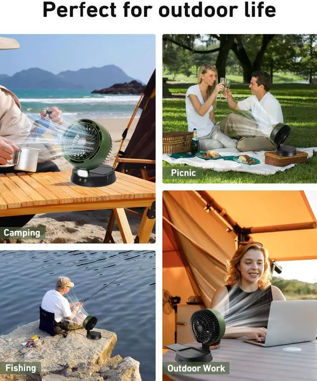 Alt view image 5 of 6 - 10400mAh Solar Camping Fan with LED Lantern, Rechargeable Portable Fan with 5W Solar Panel, Battery Operated Personal Fan for Outside Picnic, Fishing, Outdoor Tent Fan for Camping Essentials