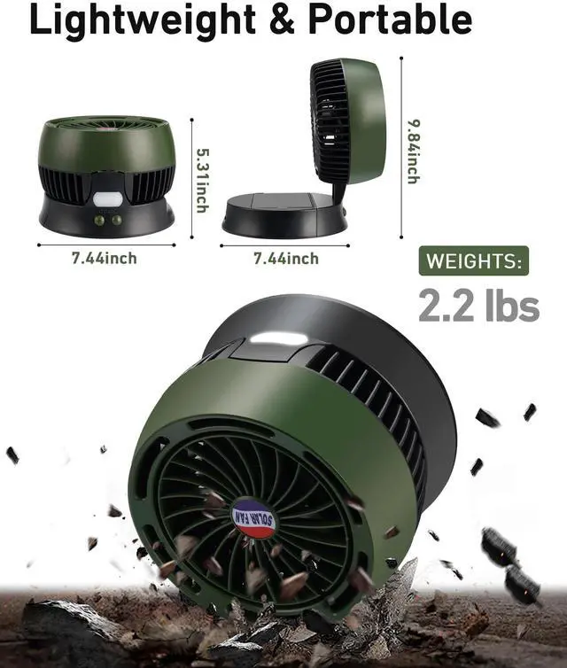 Alt view image 6 of 6 - 10400mAh Solar Camping Fan with LED Lantern, Rechargeable Portable Fan with 5W Solar Panel, Battery Operated Personal Fan for Outside Picnic, Fishing, Outdoor Tent Fan for Camping Essentials