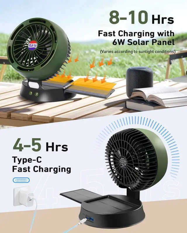 Alt view image 2 of 6 - 10400mAh Solar Camping Fan with LED Lantern, Rechargeable Portable Fan with 5W Solar Panel, Battery Operated Personal Fan for Outside Picnic, Fishing, Outdoor Tent Fan for Camping Essentials