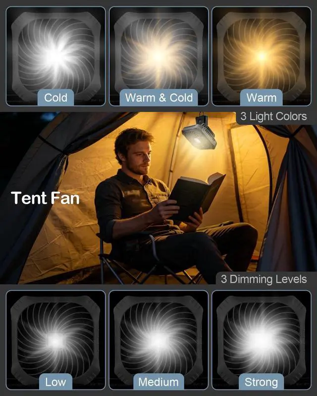Alt view image 5 of 7 - Portable Camping Fan with LED Lantern, 40H Rechargeable Battery Operated Quiet Tent Fan with Hanging Hook for RV Car Beach Outdoor Hurricane Emergency Outages