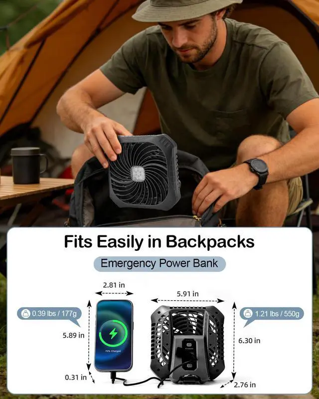 Alt view image 4 of 7 - Portable Camping Fan with LED Lantern, 40H Rechargeable Battery Operated Quiet Tent Fan with Hanging Hook for RV Car Beach Outdoor Hurricane Emergency Outages
