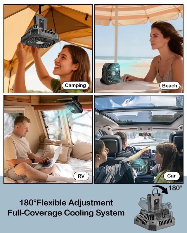 Alt view image 6 of 7 - Portable Camping Fan with LED Lantern, 40H Rechargeable Battery Operated Quiet Tent Fan with Hanging Hook for RV Car Beach Outdoor Hurricane Emergency Outages