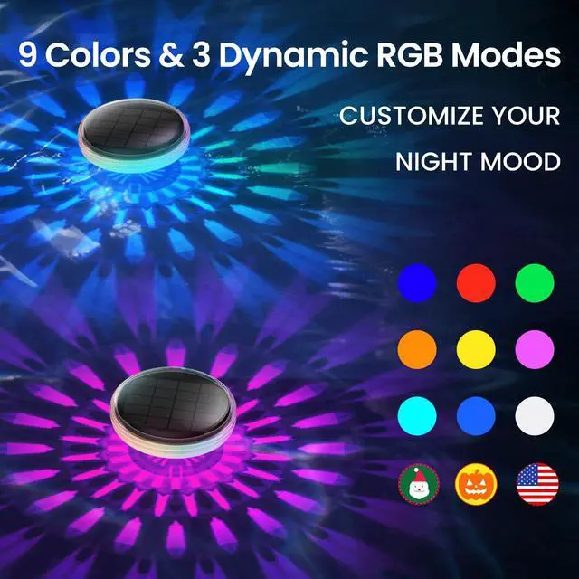 Alt view image 3 of 6 - Floating Lights for Small Pools, Hot Tub, Pond, and Spa Solar-Powered LED with RF Remote, 9 Color Modes, Brightness & Timer Control, IP67 Waterproof (2 Pack)
