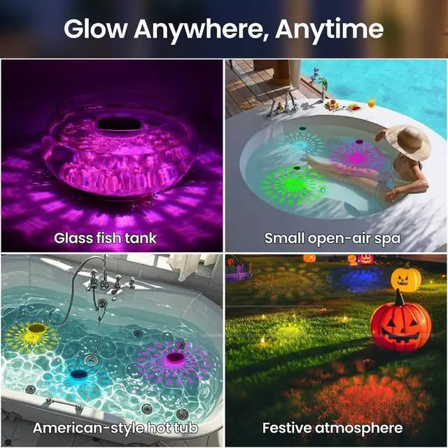 Alt view image 2 of 6 - Floating Lights for Small Pools, Hot Tub, Pond, and Spa Solar-Powered LED with RF Remote, 9 Color Modes, Brightness & Timer Control, IP67 Waterproof (2 Pack)