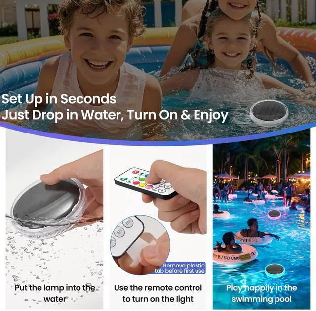 Alt view image 6 of 6 - Floating Lights for Small Pools, Hot Tub, Pond, and Spa Solar-Powered LED with RF Remote, 9 Color Modes, Brightness & Timer Control, IP67 Waterproof (2 Pack)