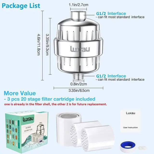 Alt view image 6 of 7 - 20 Stage Shower Filter w/ 3 Cartridge, Shower Head Filter, Reduce Well Hard Water Chlorine Heavy Metal & Impurity, Improve Skin Hair, Fit Most Handheld Showerhead Fixed Rainfall, Chrome