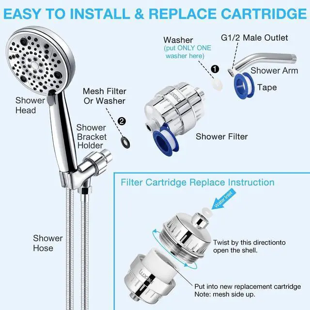 Alt view image 7 of 7 - 20 Stage Shower Filter w/ 3 Cartridge, Shower Head Filter, Reduce Well Hard Water Chlorine Heavy Metal & Impurity, Improve Skin Hair, Fit Most Handheld Showerhead Fixed Rainfall, Chrome