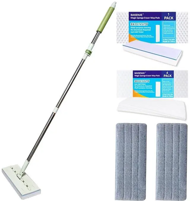 Main image of Magic Sponge Eraser Mop, 60" Adjustable Mop Handle with Flexible 13" Flat Head with Microfiber Pad and Magic Sponge Eraser Pads