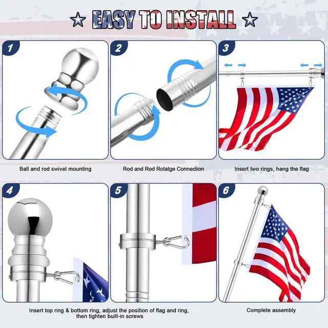 Alt view image 5 of 7 - Flag Pole for House, REERON 6 FT Stainless Steel Spinning Flagpole Kit, 1" Rustproof Porch Flagpole with 360° Tangle Free Metal Flagpole Ring for Residential Outdoor Sport for 3x5 Flag, Without Holder