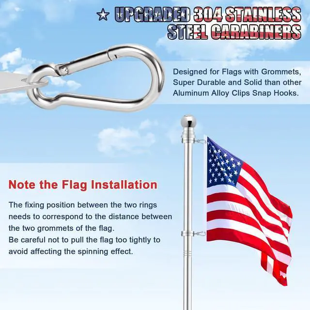 Alt view image 6 of 7 - Flag Pole for House, REERON 6 FT Stainless Steel Spinning Flagpole Kit, 1" Rustproof Porch Flagpole with 360° Tangle Free Metal Flagpole Ring for Residential Outdoor Sport for 3x5 Flag, Without Holder