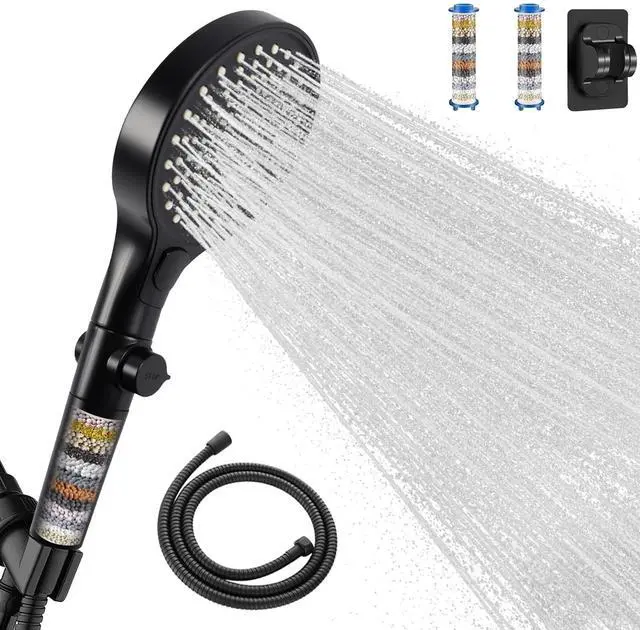 Main image of Filtered Handheld Shower Head with Hose and Holder, 5.1" Large High Pressure Shower Wand with 2 Extra Filters, Reinforced Matte Black Showerhead Set for Hard Water, 3 Spray Modes & One-Key Pause