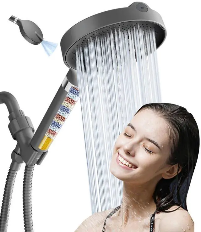 Main image of Filtered Shower Head, 6 inch High Pressure Handheld Shower Head with Filter for Hard Water, 6 Spray Modes Detachable Showerhead with Hose and Shower Arm Bracket, Dark Grey