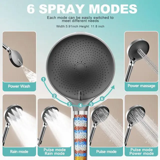 Alt view image 5 of 7 - Filtered Shower Head, 6 inch High Pressure Handheld Shower Head with Filter for Hard Water, 6 Spray Modes Detachable Showerhead with Hose and Shower Arm Bracket, Dark Grey