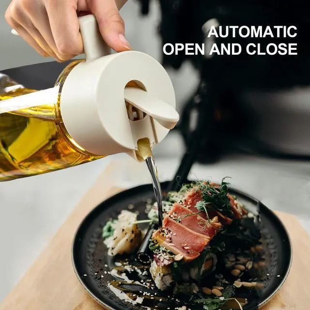 Alt view image 2 of 7 - Olive Oil Dispenser Bottle for Kitchen with Leakproof and Dust Cover, Auto-Open & Close Glass Olive Oil Bottle with Non-Slip Bottom 600ml Cooking Oil and Vinegar Cruet Dispenser (Black)