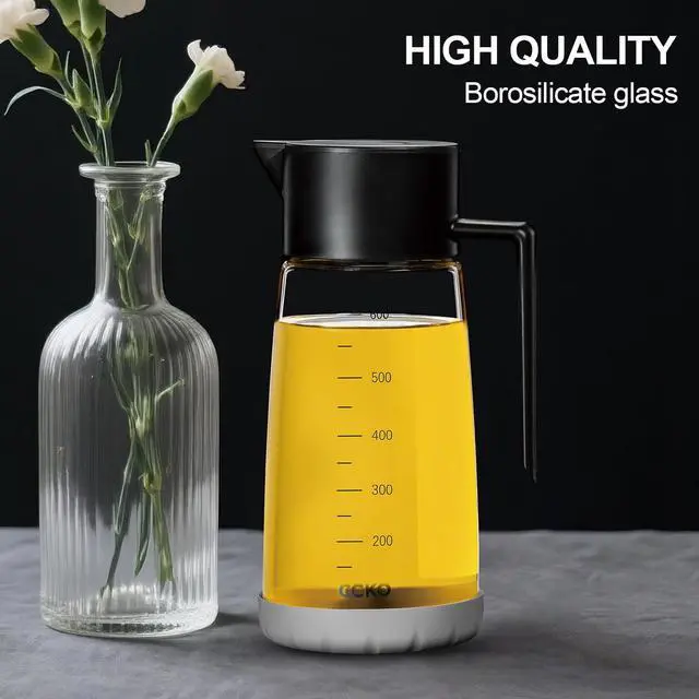 Alt view image 3 of 7 - Olive Oil Dispenser Bottle for Kitchen with Leakproof and Dust Cover, Auto-Open & Close Glass Olive Oil Bottle with Non-Slip Bottom 600ml Cooking Oil and Vinegar Cruet Dispenser (Black)