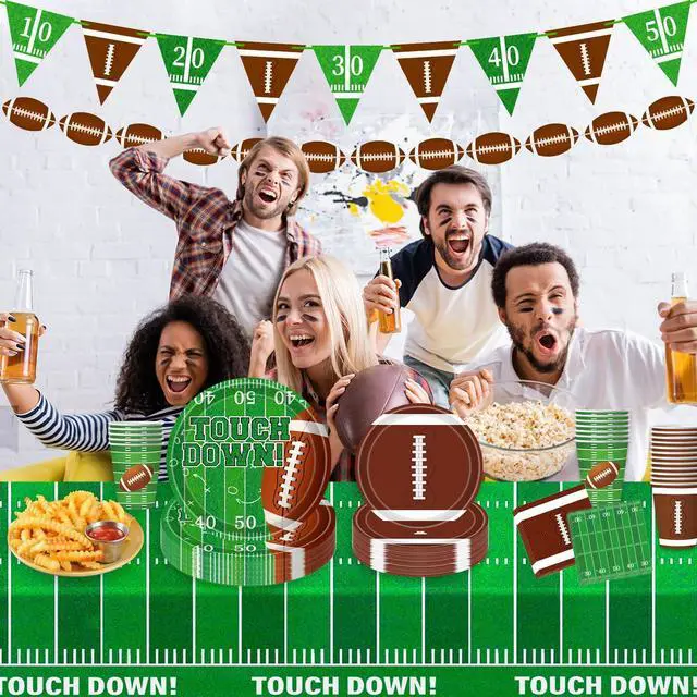 Alt view image 3 of 7 - Football Party Decorations Football Party Supplies Kit Serve 24 Plates Napkins Cups Banner Tablecloth for Foot Ball Themed Birthday Gameday Decorations