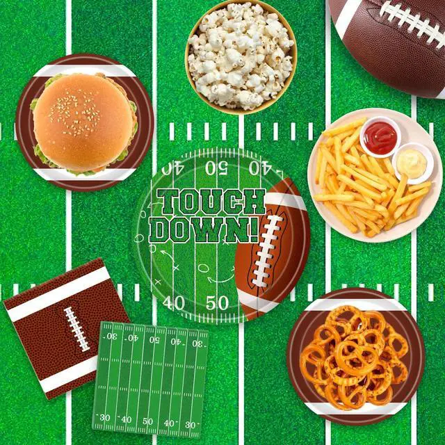 Alt view image 5 of 7 - Football Party Decorations Football Party Supplies Kit Serve 24 Plates Napkins Cups Banner Tablecloth for Foot Ball Themed Birthday Gameday Decorations