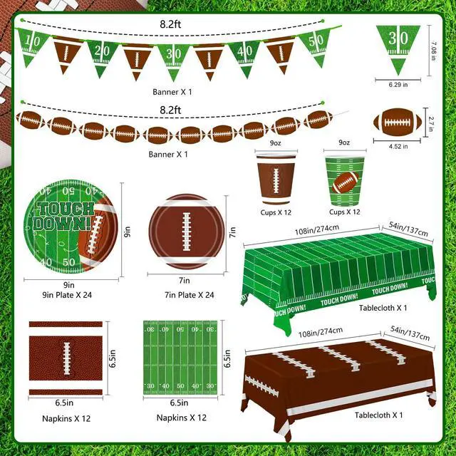 Alt view image 2 of 7 - Football Party Decorations Football Party Supplies Kit Serve 24 Plates Napkins Cups Banner Tablecloth for Foot Ball Themed Birthday Gameday Decorations