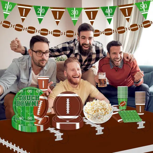 Alt view image 4 of 7 - Football Party Decorations Football Party Supplies Kit Serve 24 Plates Napkins Cups Banner Tablecloth for Foot Ball Themed Birthday Gameday Decorations