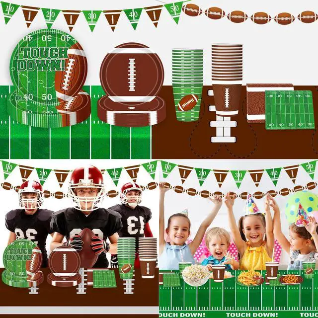 Alt view image 7 of 7 - Football Party Decorations Football Party Supplies Kit Serve 24 Plates Napkins Cups Banner Tablecloth for Foot Ball Themed Birthday Gameday Decorations