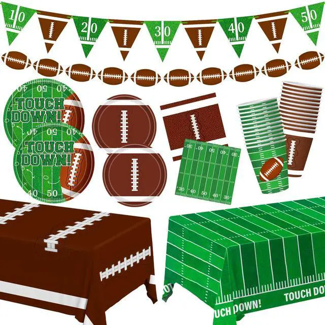 Main image of Football Party Decorations Football Party Supplies Kit Serve 24 Plates Napkins Cups Banner Tablecloth for Foot Ball Themed Birthday Gameday Decorations