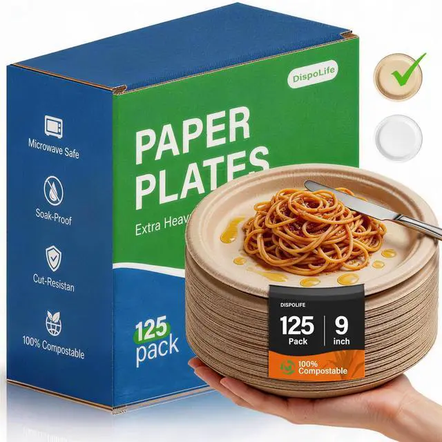 Main image of Compostable Paper Plates 9 Inch 125 Count: Soak & Cut Proof Super Strong Disposable Plate - Bagasse Biodegradable Eco-Friendly Sugarcane Dinner Plates for Daily Party - Natural Brown