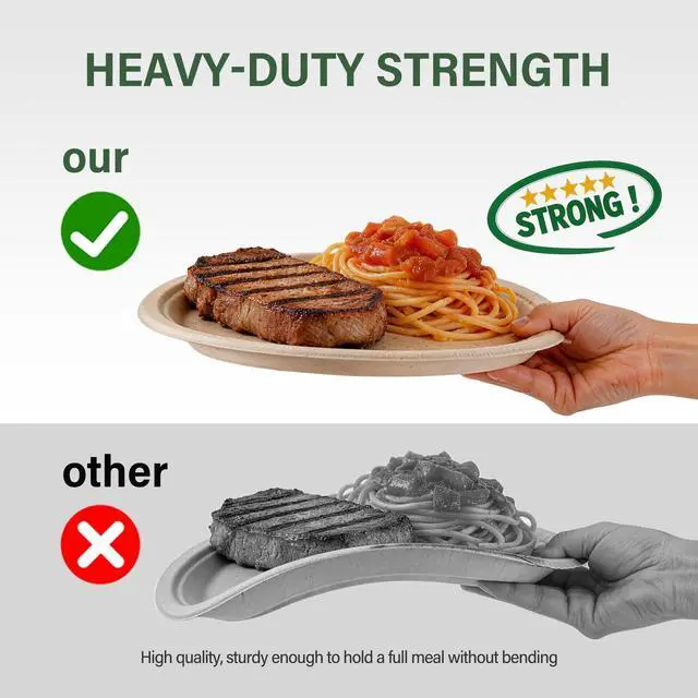 Alt view image 3 of 7 - Compostable Paper Plates 9 Inch 125 Count: Soak & Cut Proof Super Strong Disposable Plate - Bagasse Biodegradable Eco-Friendly Sugarcane Dinner Plates for Daily Party - Natural Brown