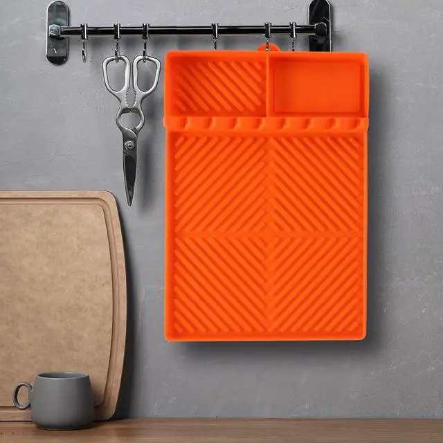 Alt view image 4 of 7 - Silicone Tools Mat for Griddle Kitchen Cooking Baking Countertop-Side Shelf Spatula Mat with Drip Pad for Blackstone Weber Traeger Pit Boss Flat Top Grill Smoker- BBQ Accessories Gifts for Men(Orange)