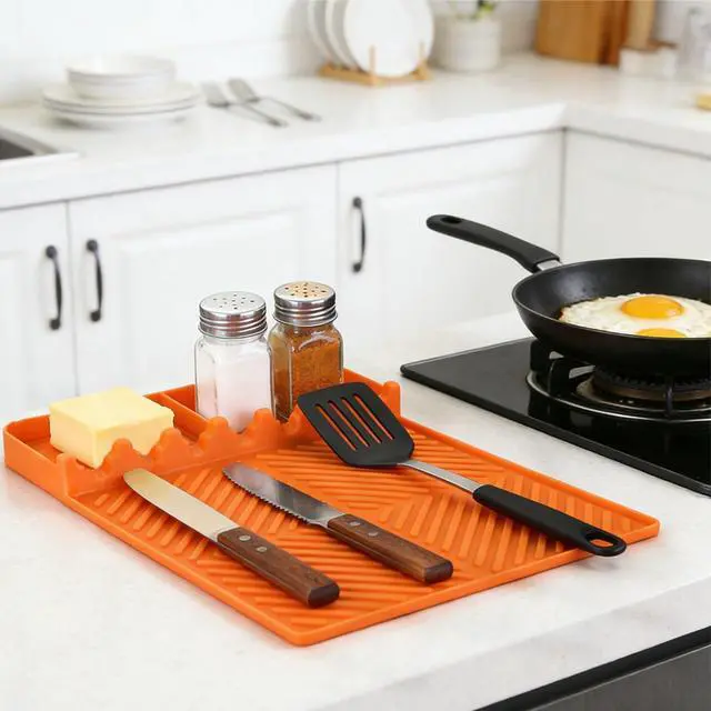 Alt view image 6 of 7 - Silicone Tools Mat for Griddle Kitchen Cooking Baking Countertop-Side Shelf Spatula Mat with Drip Pad for Blackstone Weber Traeger Pit Boss Flat Top Grill Smoker- BBQ Accessories Gifts for Men(Orange)