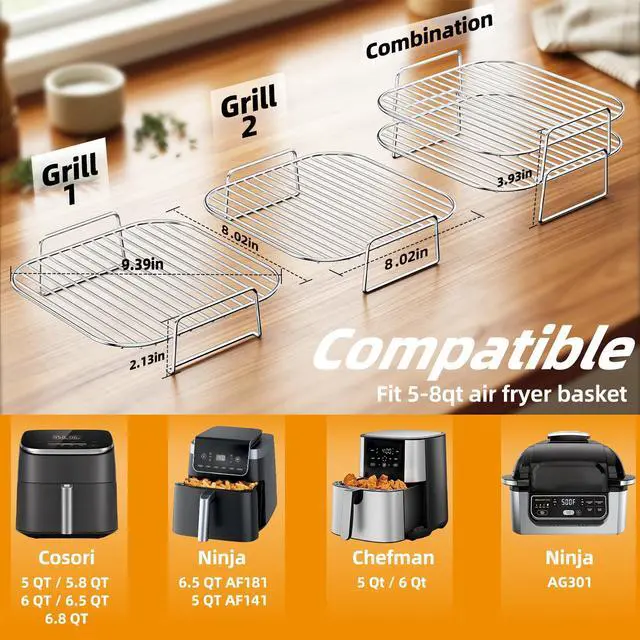 Alt view image 2 of 7 - Air Fryer Rack Square 8'' Airfryer Basket Accessories, 2pcs Stackable Stainless Steel Grill Racks compatible with 5-8qt Ninja/Cosori/Chefman/Gourmia/Instant Pot other Airfryer or Oven