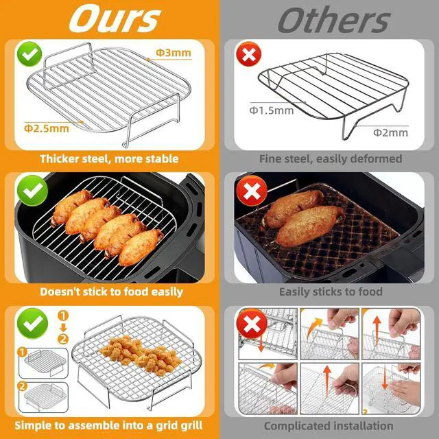 Alt view image 3 of 7 - Air Fryer Rack Square 8'' Airfryer Basket Accessories, 2pcs Stackable Stainless Steel Grill Racks compatible with 5-8qt Ninja/Cosori/Chefman/Gourmia/Instant Pot other Airfryer or Oven