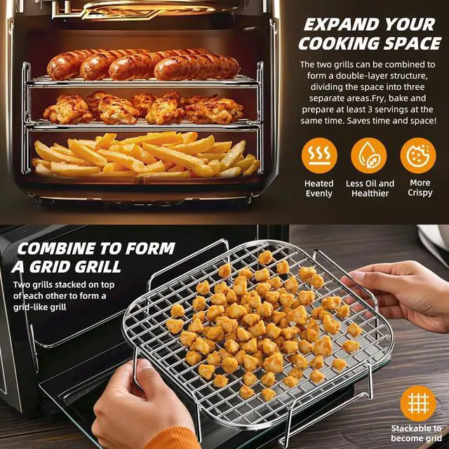 Alt view image 4 of 7 - Air Fryer Rack Square 8'' Airfryer Basket Accessories, 2pcs Stackable Stainless Steel Grill Racks compatible with 5-8qt Ninja/Cosori/Chefman/Gourmia/Instant Pot other Airfryer or Oven