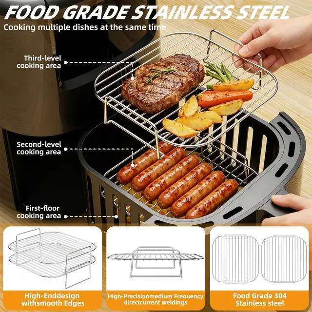 Alt view image 7 of 7 - Air Fryer Rack Square 8'' Airfryer Basket Accessories, 2pcs Stackable Stainless Steel Grill Racks compatible with 5-8qt Ninja/Cosori/Chefman/Gourmia/Instant Pot other Airfryer or Oven