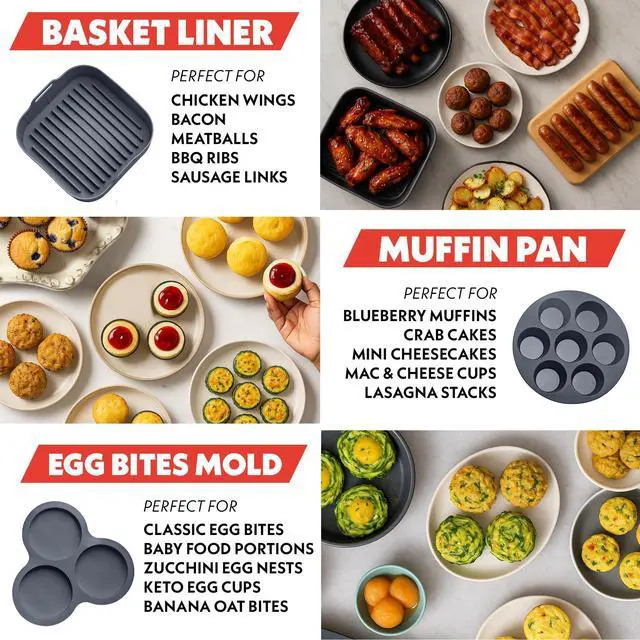 Alt view image 2 of 7 - Air Fryer Accessories Set - 3 Piece Silicone, Liner, Egg Bite Cooker, 7-Hole Cupcake Mold, BPA-Free, Nonstick, Heat Resistant 445°F, Dishwasher Safe, Food Grade