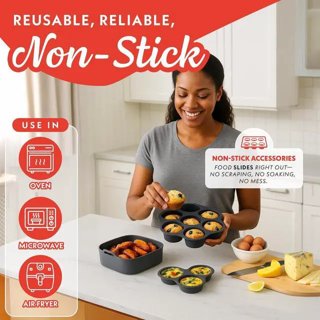 Alt view image 6 of 7 - Air Fryer Accessories Set - 3 Piece Silicone, Liner, Egg Bite Cooker, 7-Hole Cupcake Mold, BPA-Free, Nonstick, Heat Resistant 445°F, Dishwasher Safe, Food Grade