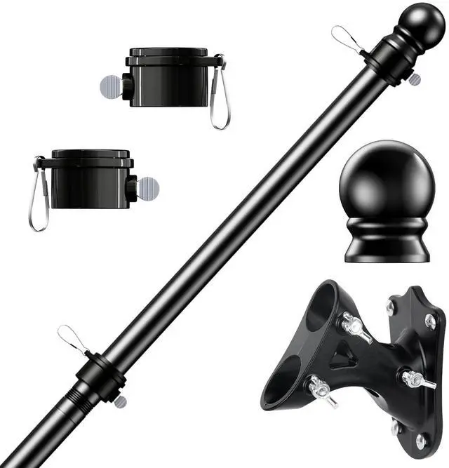 Main image of Flag Pole Kit, Tangle Free Spinning Stainless Steel Rustproof Flagpole for 3x5 Sports Fan Outdoor Flags for Outside House (Black, 5FT, with Bracket)