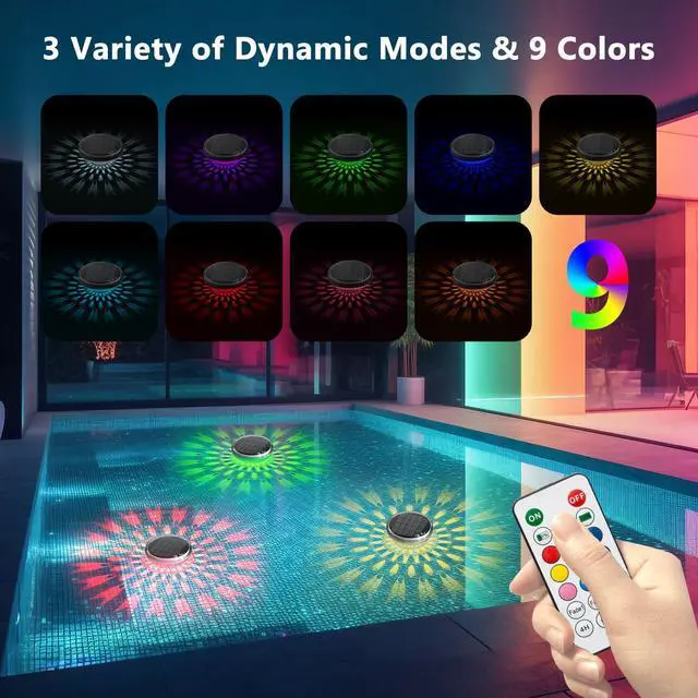 Alt view image 3 of 7 - Solar Rechargeable Floating Pool Lights(2 Pack), Pool Lights that Float with Remote Control, 9 Lighting, Timing Mode, IPX7 Waterproof for Inground Pool, Bathroom, Bathtub, Pool Party